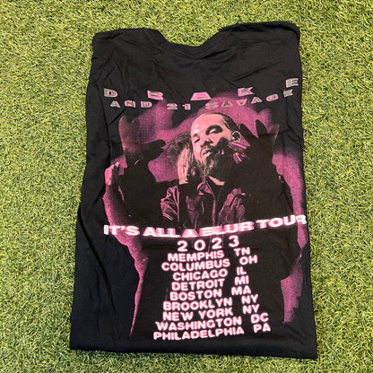 Drake & 21 Savage Bootleg It's All A Blur Tour 2023 Navy Tee Size Small NEW x8145