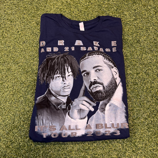 Drake & 21 Savage Bootleg It's All A Blur Tour 2023 Navy Tee Size Large NEW x8143
