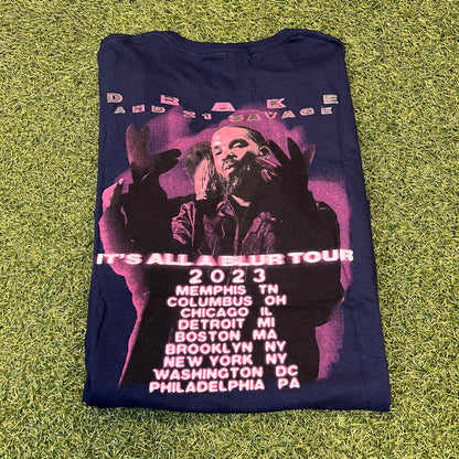 Drake & 21 Savage Bootleg It's All A Blur Tour 2023 Navy Tee Size Large NEW x8141
