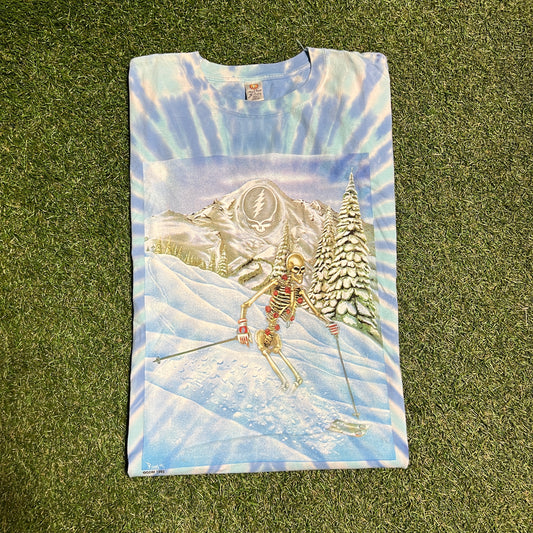 1995 Grateful Dead Skiing Skeleton Tie Dye Tee Size XL USED v9127