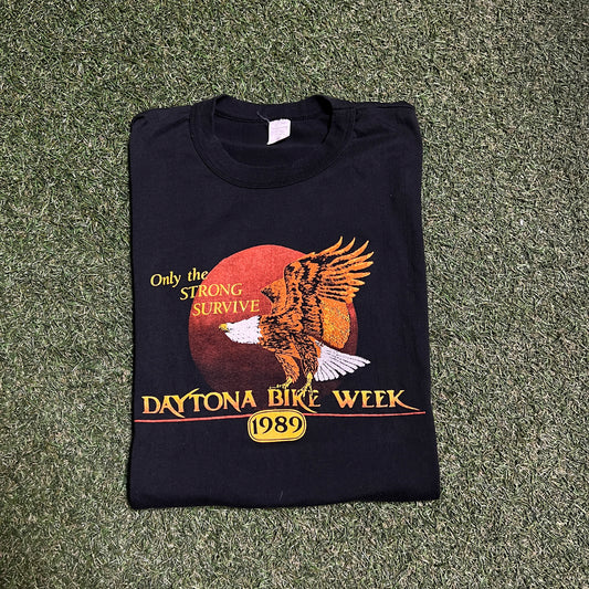 1989 Daytona Bike Week Only the Strong Survive Black Tee Size XL USED v14993