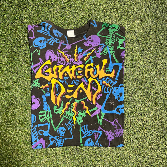 1992 Grateful Dead Skeletons with Top Hats Full Print Black Tee Size Large USED v2295