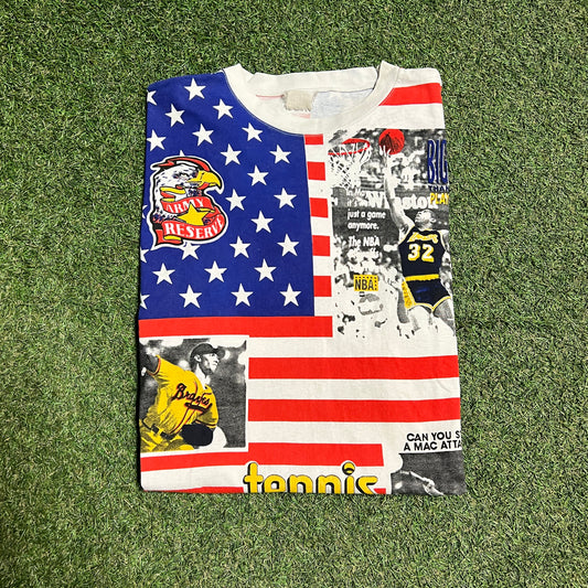 1990's Bigger Than Life Playoffs American Flag AOP Tee Size XL USED v15034