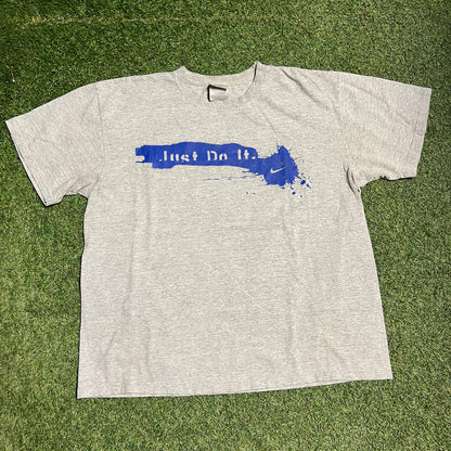 Y2K Nike Paint Swoosh Grey Tee Size Large USED v15091