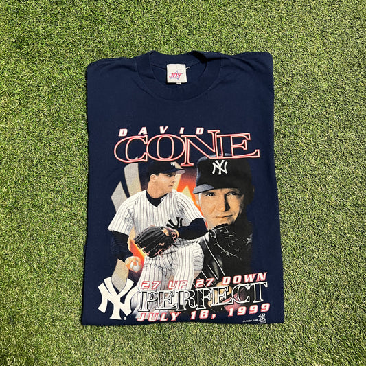 1999 David Cone 27 Up 27 Down Navy Tee Size XL USED v14154