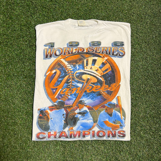 Evans Tag 1996 World Series Champions Gold Logo 3 Players White Tee Size XL USED v14142