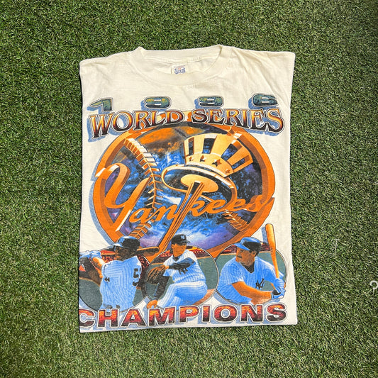 Evans Tag 1996 World Series Champions Gold Logo 3 Players White Tee Size Large USED v14141