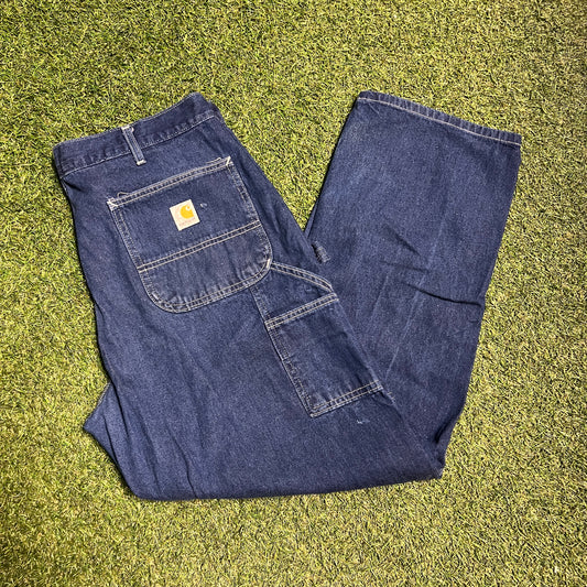 Carhartt Navy Blue Jeans Dungaree Work Pants Size 36x30 USED v10791