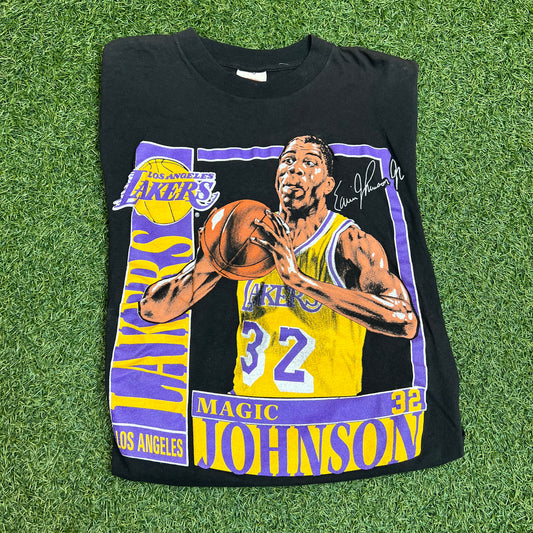 1990s Magic Johnson Stats Tee Nutmeg Tag Size Medium USED v5410