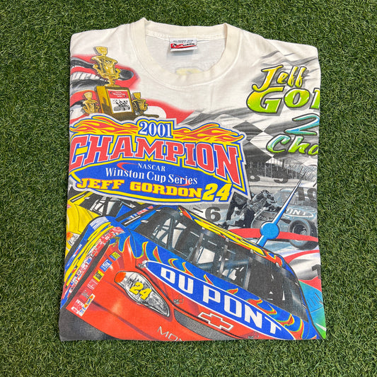Nascar 2001 Champions Jeff Gordon All Over Print Racing Tee Size Large USED v8632
