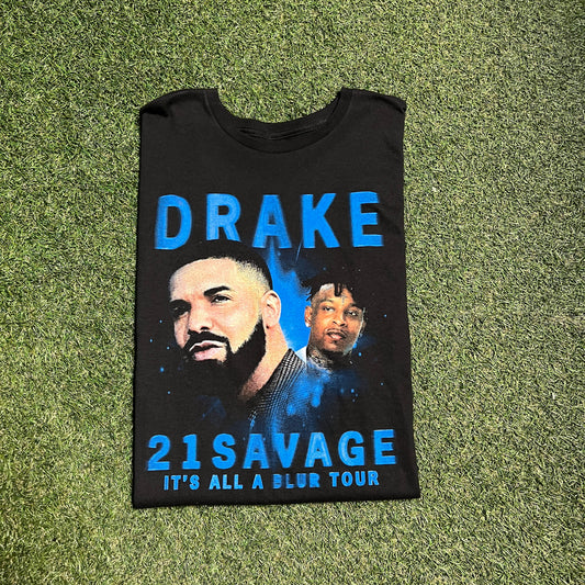 Drake & 21 Savage it's all a blur tour 2023 parking lot bootleg tee black blue front red back deltag tag Size XL NEW x8134