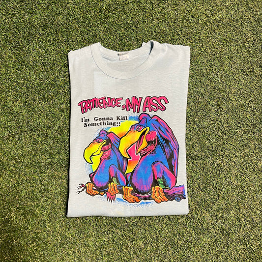 1980's Crows 'Patience My Ass' Blue Tee Size Medium Used v12338