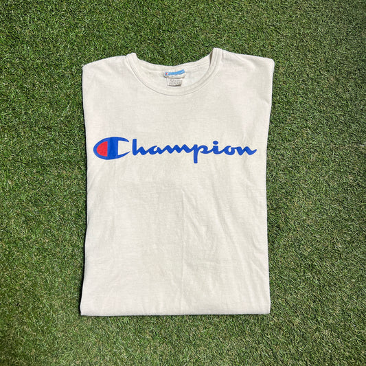 Champion Spelt logo White Tee Size Large USED v12287