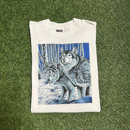 Blue eyed wolves tee white fruit of the loom tag Size XL USED v11418