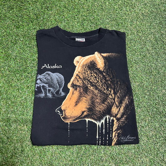 Alaska Bear Graphic Black Tee Size XL USED v13262