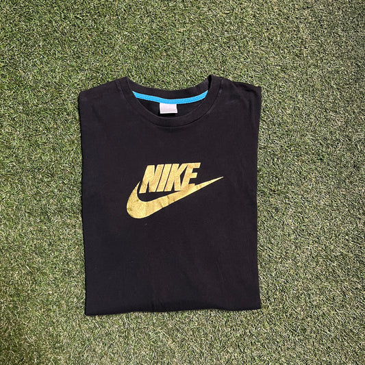 Y2K Nike Gold Emblem Black Tee Size XL USED v12199