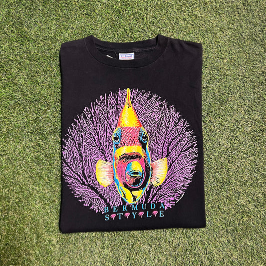 1993 Bermuda Style fish tee black all sport tag Size Large USED v12211