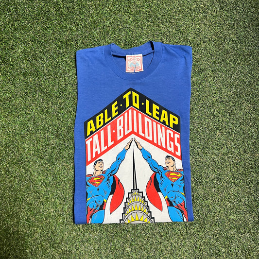 1980s Superman leap tall buildings Blue Tee Size Medium USED v5343