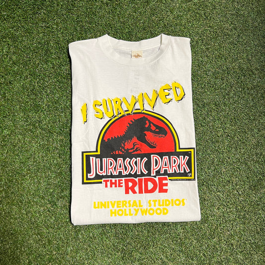 1996 Universal i survived jurrasic park tee white Size XL USED v13184