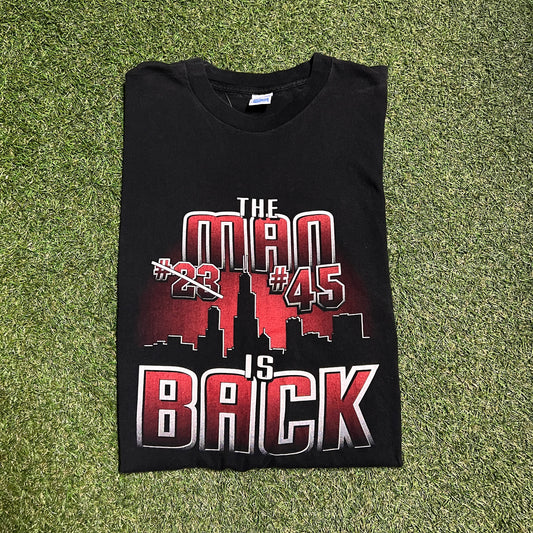 1990's MJ ' The Man Is Back ' Black Tee Size XL USED v12629