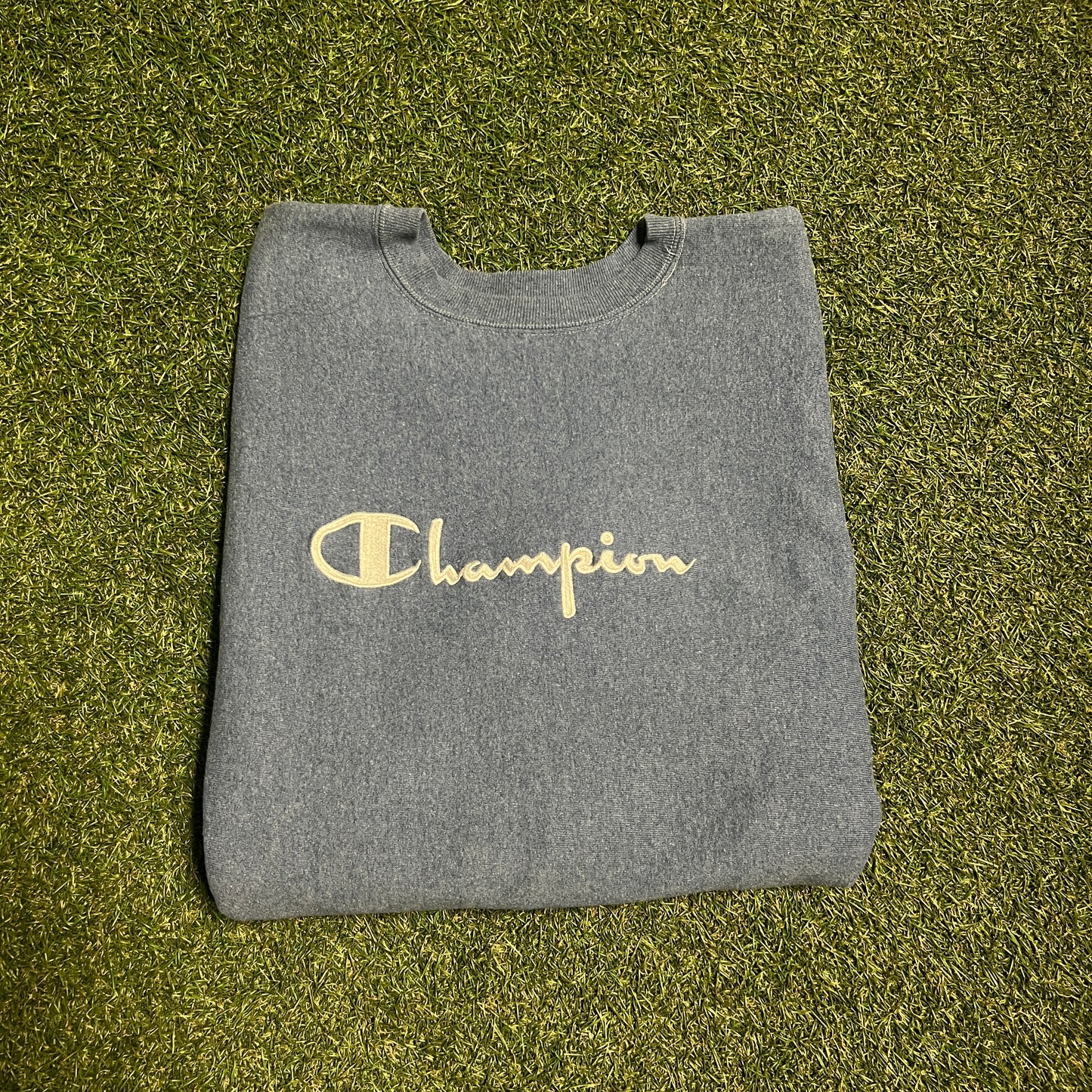 1990s Champion Reverse Weave Middle Text Blue Crewneck Size XL USED v14173