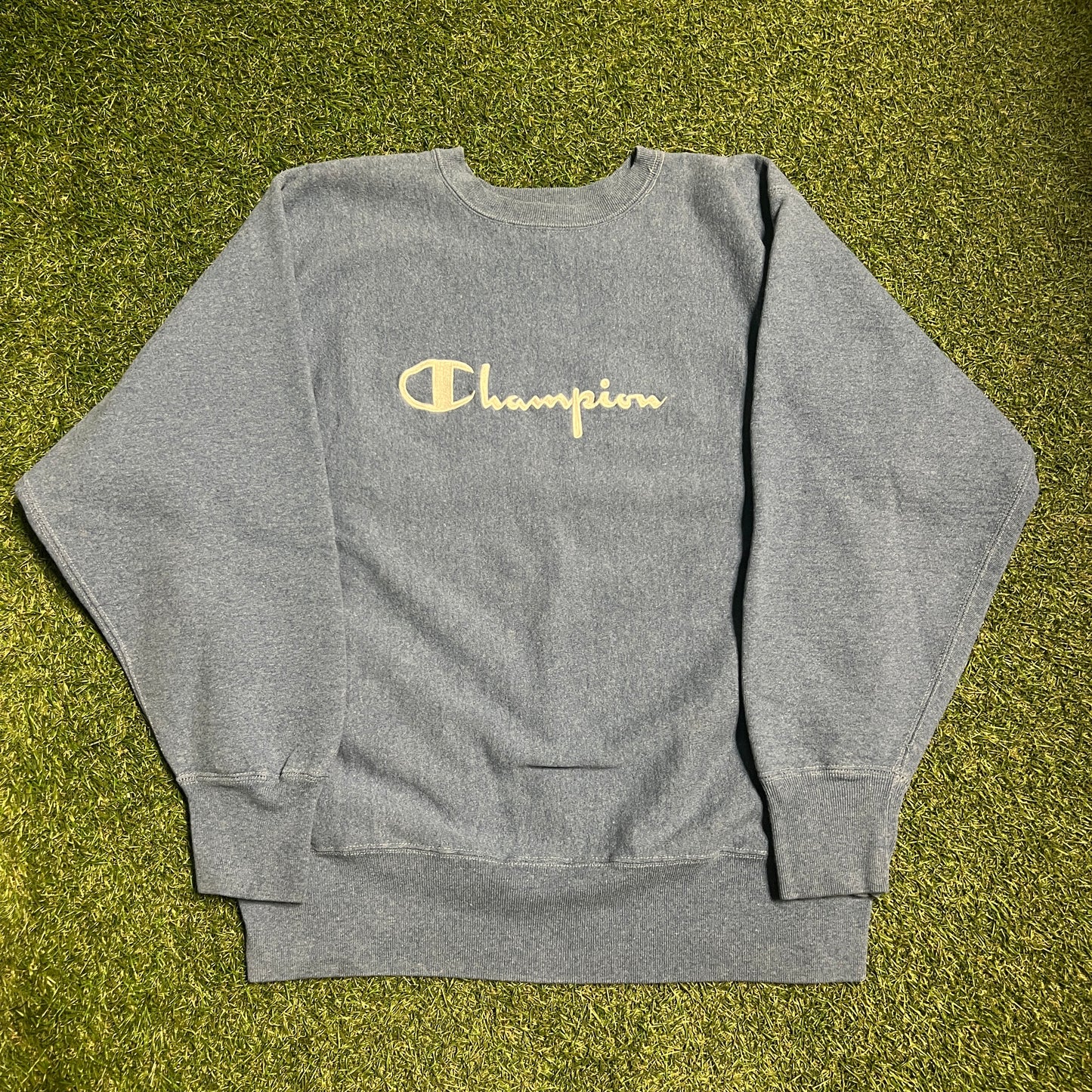 1990s Champion Reverse Weave Middle Text Blue Crewneck Size XL USED v14173