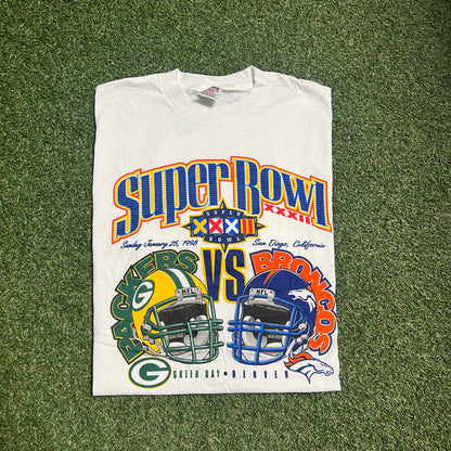 1998 Super Bowl XXXII Greenbay vs Broncos White Tee Size XL USED v14174