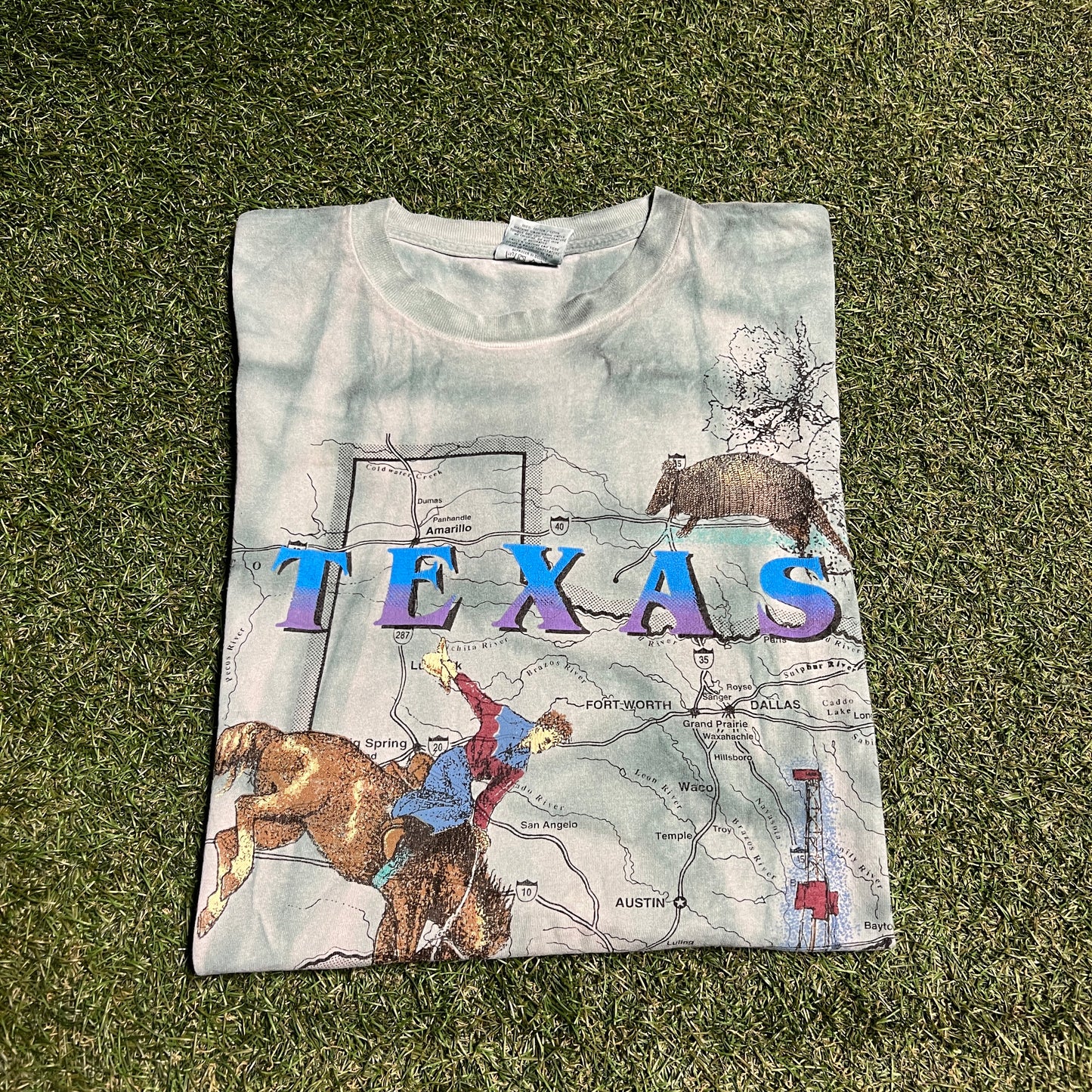 1993 Texas Road Map All Over Print Blue Tee Size Large USED v15331