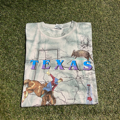 1993 Texas Road Map All Over Print Blue Tee Size Large USED v15331