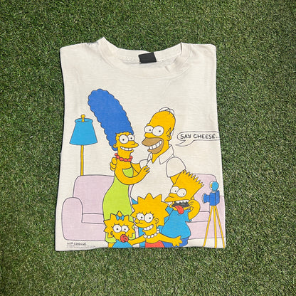 1989 The Simpson Say Cheese Double Sided White Tee Size XL USED v14168