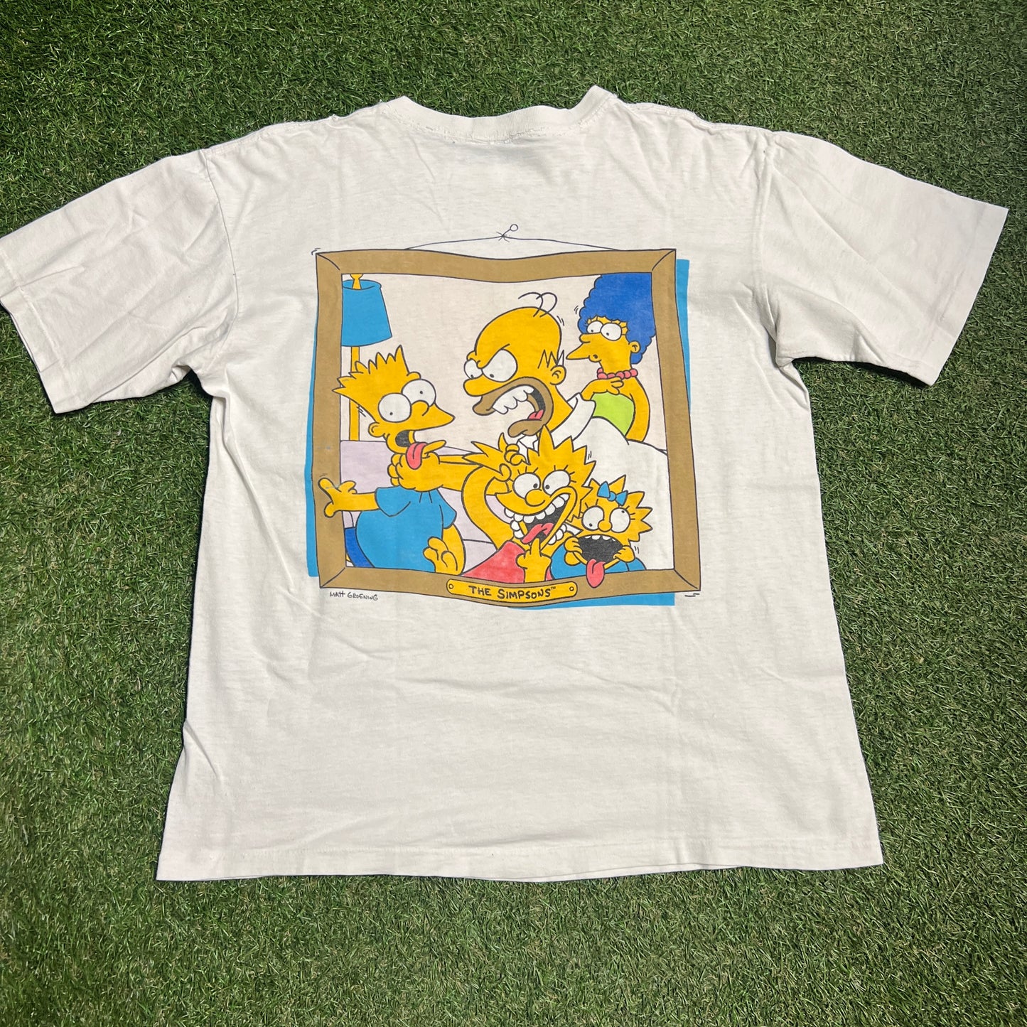 1989 The Simpson Say Cheese Double Sided White Tee Size XL USED v14168