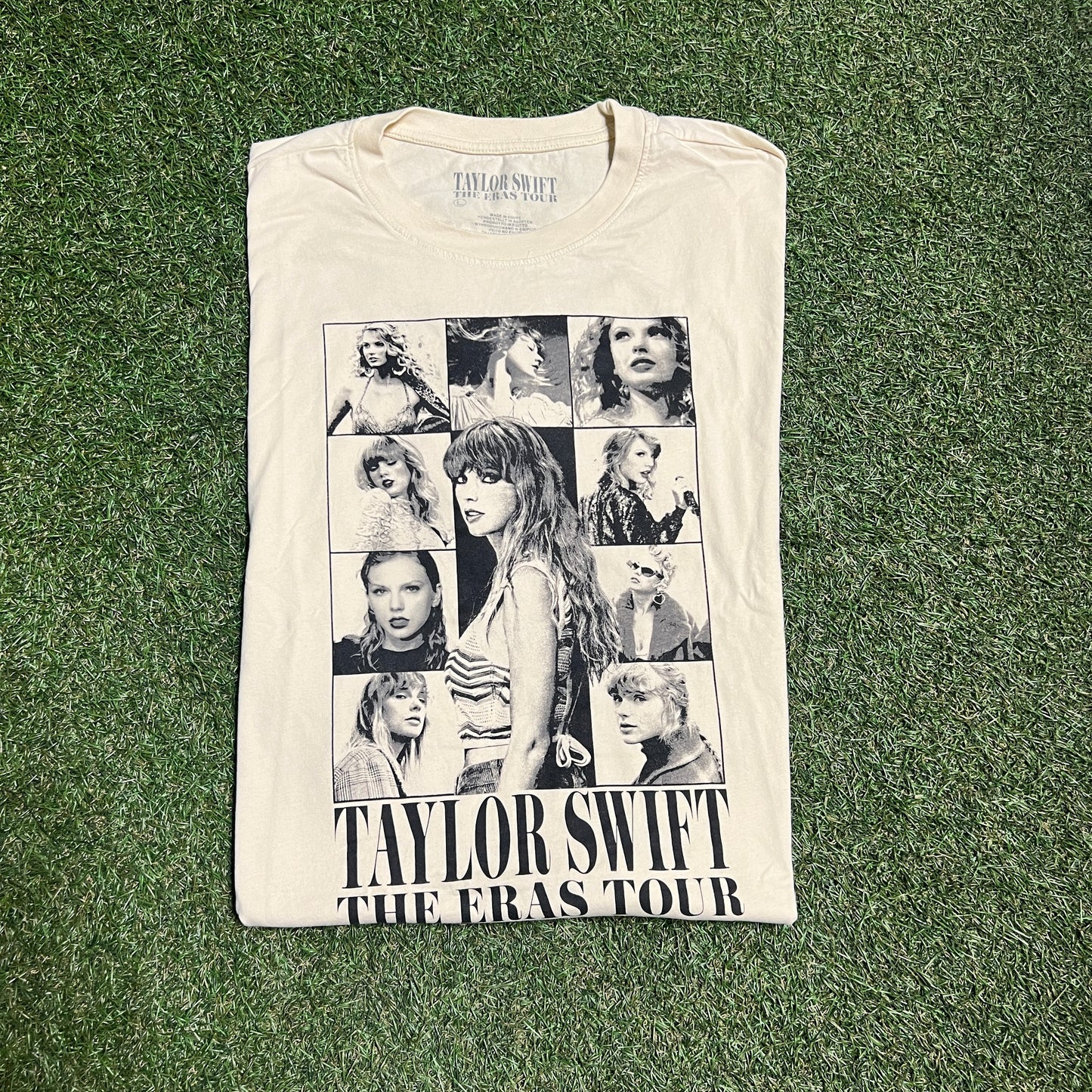 Taylor Swift The Eras Tour Photo Collage Tan Tee Size Large USED v14179