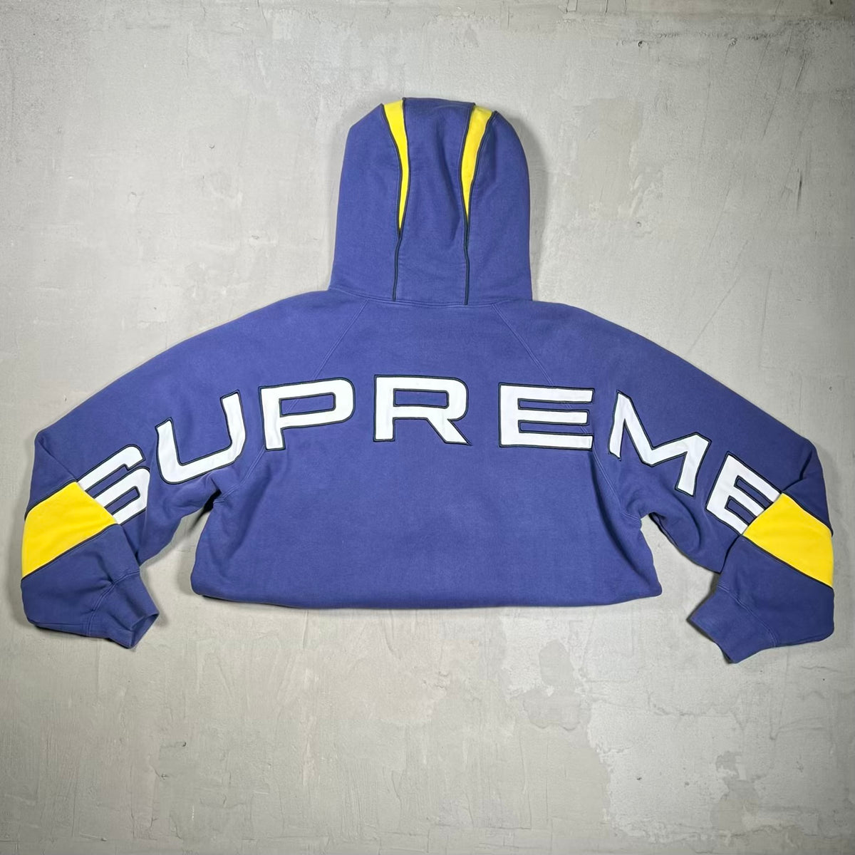 Supreme Paneled Navy Blue/Yellow Pullover Hoodie (2025) Size Medium USED x19033