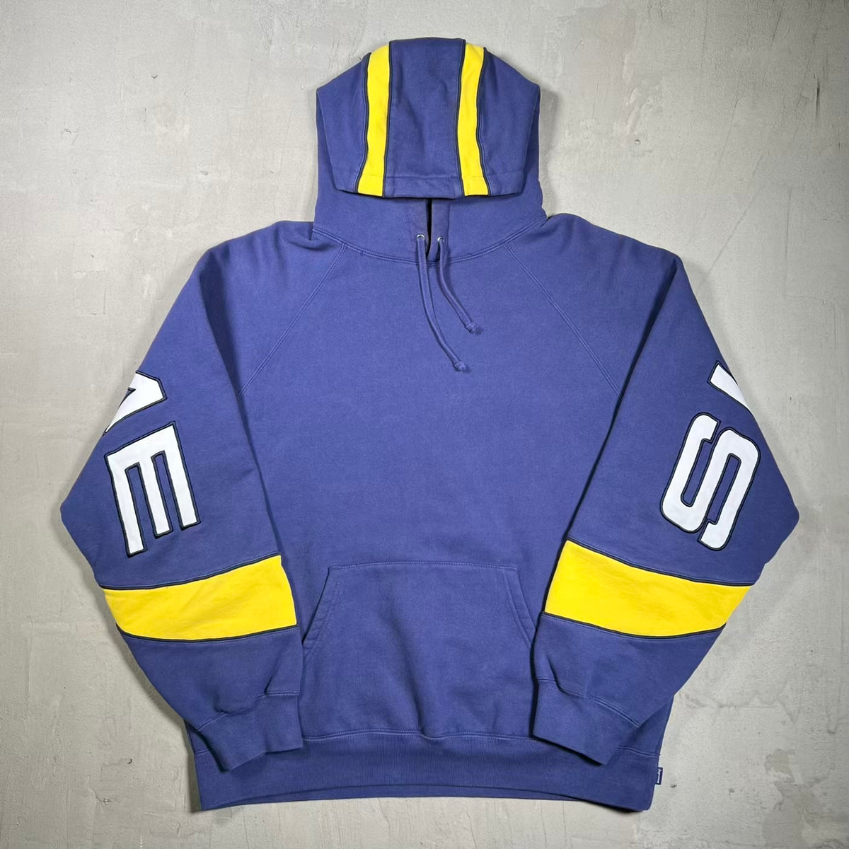 Supreme Paneled Navy Blue/Yellow Pullover Hoodie (2025) Size Medium USED x19033