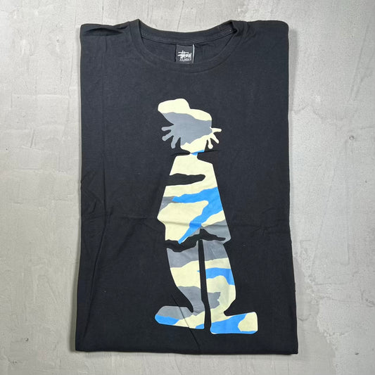 Y2K Stussy Blue Yellow Camo Shadow Man Black Tee Size XXL USED x19008