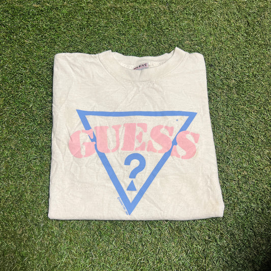 1993 Guess Pink/Blue Logo White Tee Size Medium USED v15324
