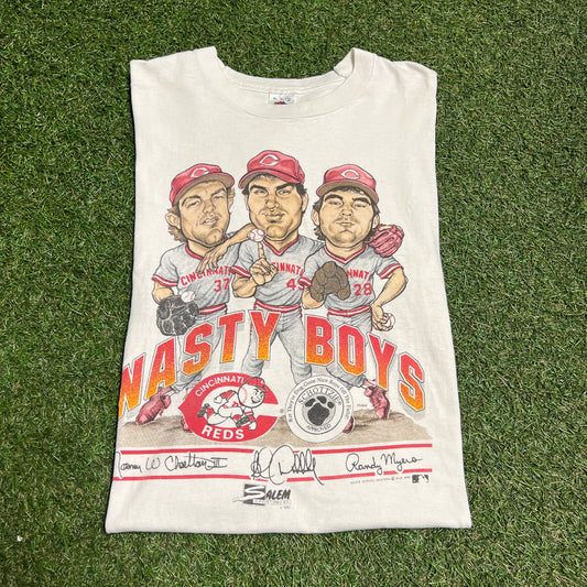 1990 Cincinnati Reds Nasty Boys White Tee Size XL USED v14242