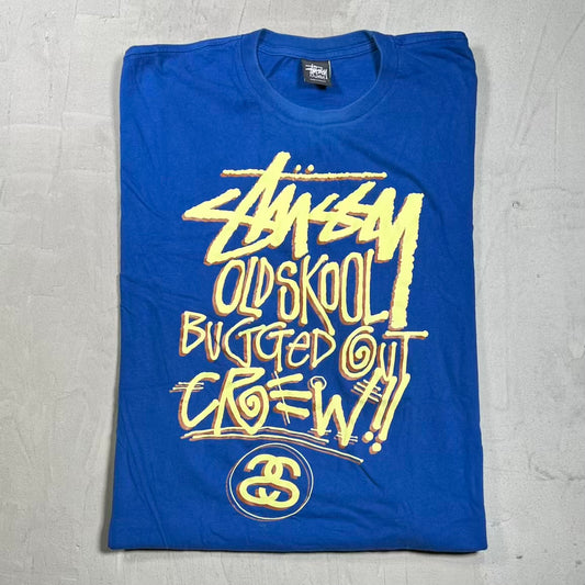 Y2K Stussy Old Skool Bugged Out Crew Blue Tee Size XXL USED x19006