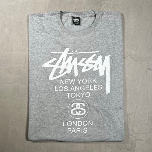 Y2K Stussy World Tour Grey Tee Size XXL USED x19011