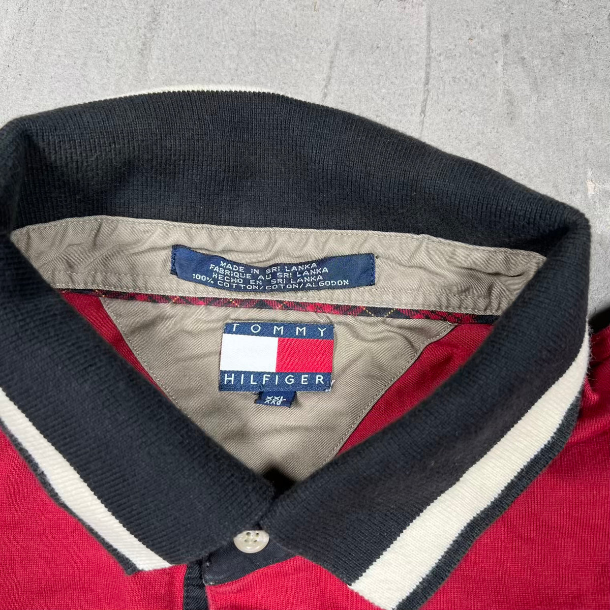 1990s Tommy Hilfiger Red/Black Longsleeve Polo Size XXL USED v20459
