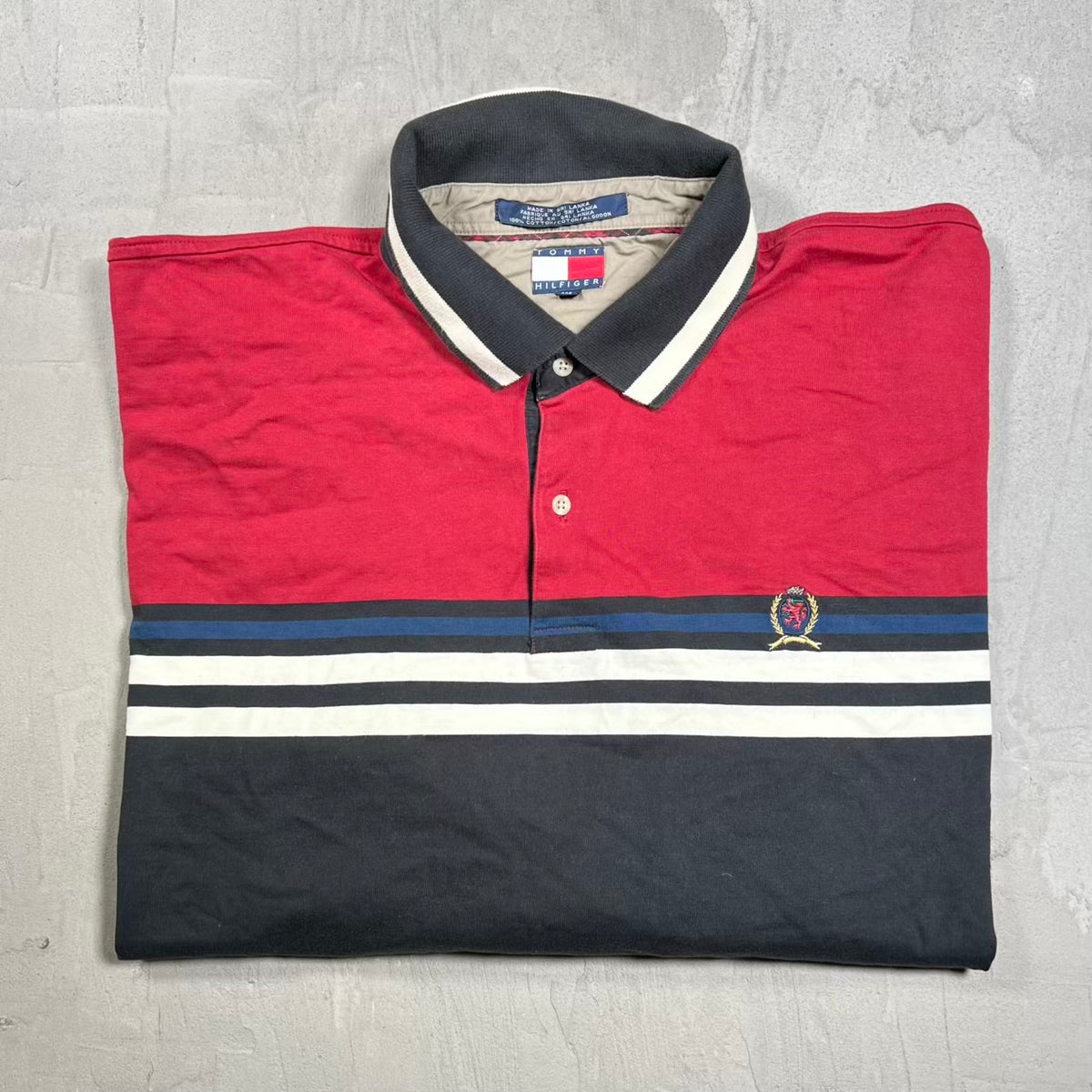 1990s Tommy Hilfiger Red/Black Longsleeve Polo Size XXL USED v20459