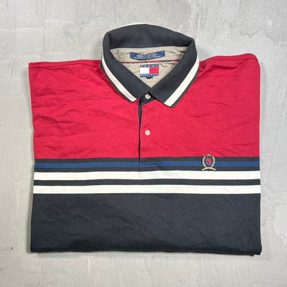 1990s Tommy Hilfiger Red/Black Longsleeve Polo Size XXL USED v20459