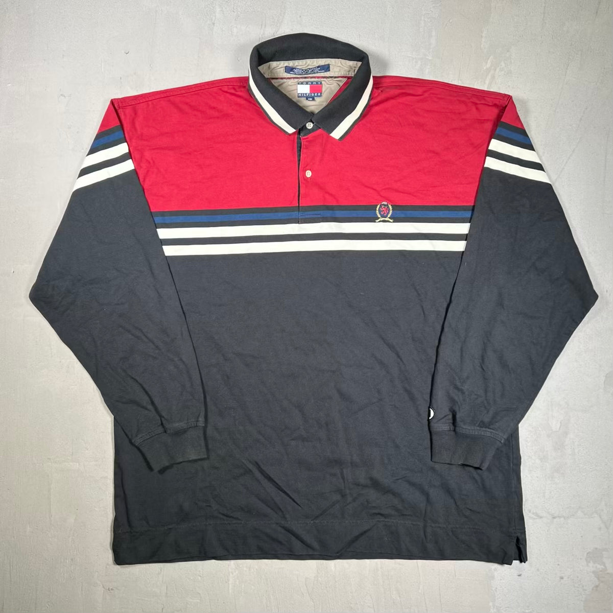 1990s Tommy Hilfiger Red/Black Longsleeve Polo Size XXL USED v20459