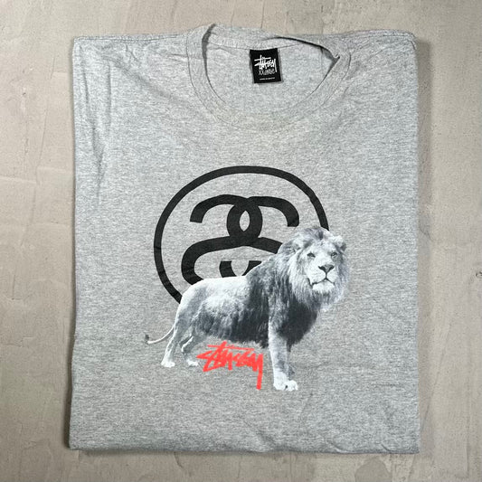 Y2K Stussy Double S Lion Logo Grey Tee Size XXL USED x19009