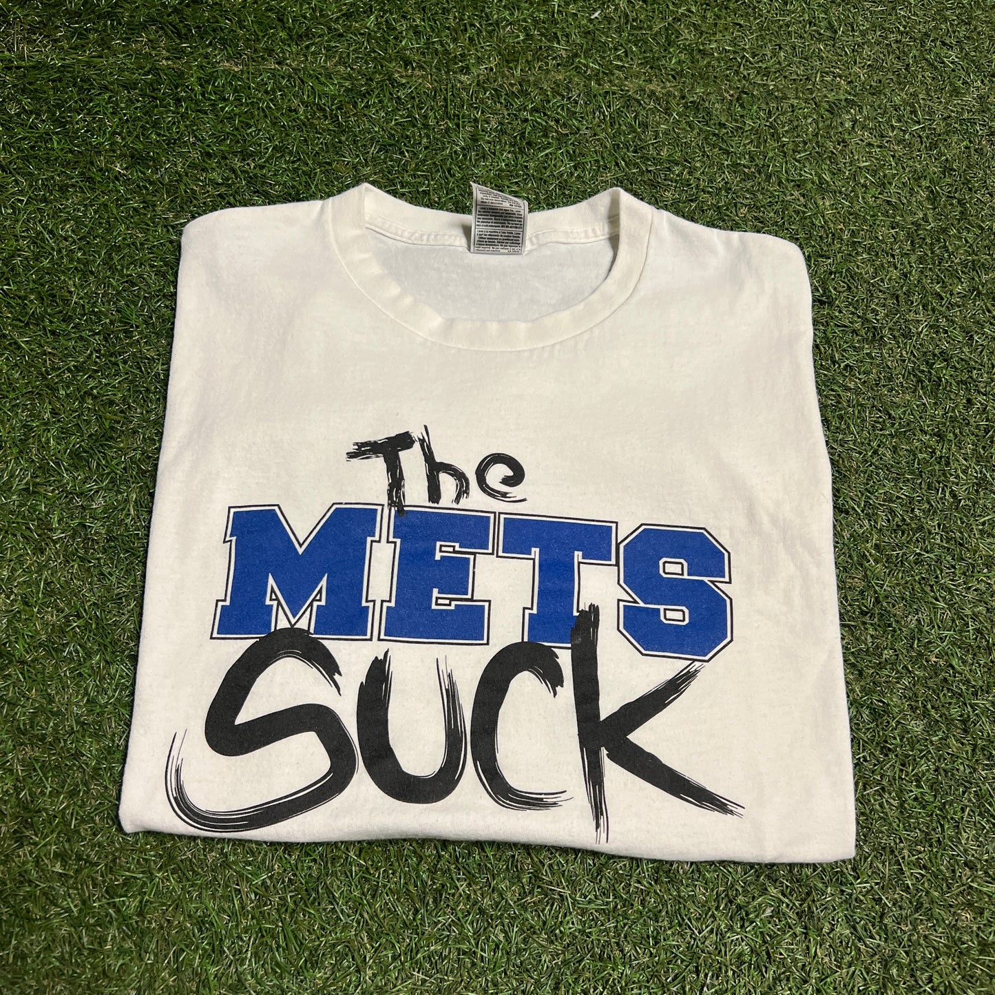 Y2K The Mets Suck White Cropped Tee Size XL USED v15352