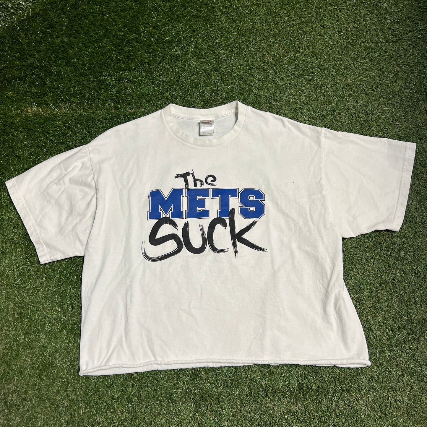 Y2K The Mets Suck White Cropped Tee Size XL USED v15352