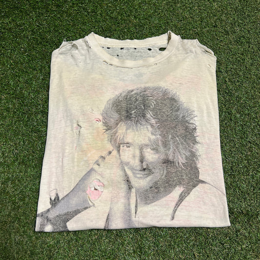 1989 Rod Stewart Out of Order Tour White Tee Trashed Size XL USED v15350