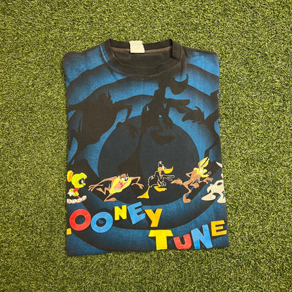 1992 Looney Tunes Spiral All Over Print Black Tee Size XL USED v13972
