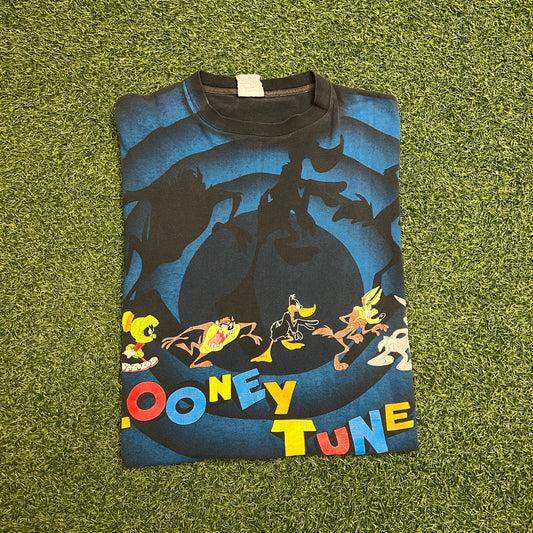 1992 Looney Tunes Spiral All Over Print Black Tee Size XL USED v13972