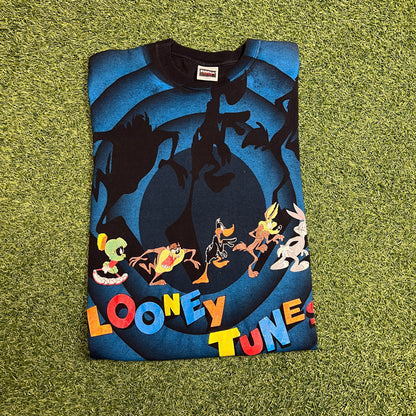 1992 looney tunes aop spiral tee Black Size Large USED v13035